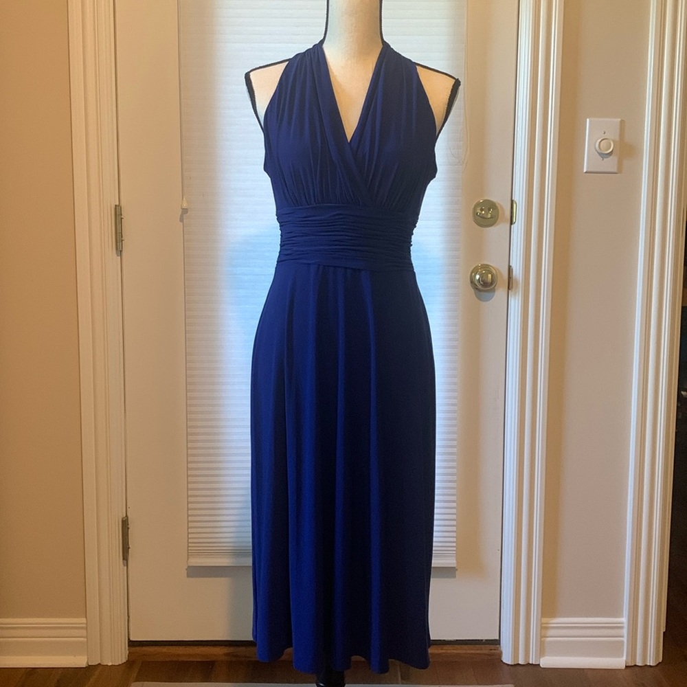 Evan Picone royal blue halter neck ruched waist cocktail party dress